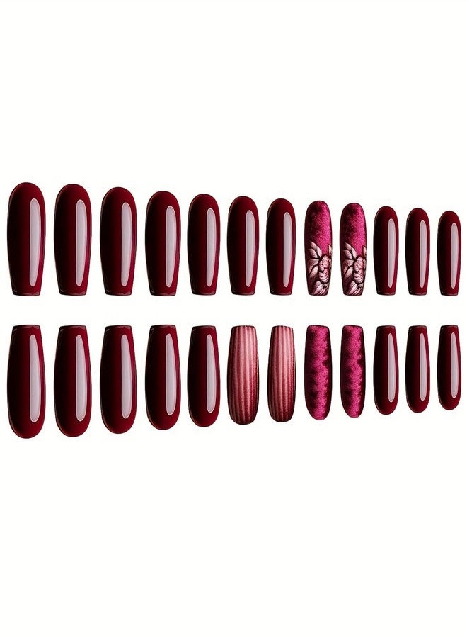 GRITOSE Coffin Press on Nails MediumLength Fake Nails Coffin Shape False Nails with Floral design Stick on Nails Full Cover Red Acrylic Artificial Nails Gel Glue on Nails for Women Reusable Nail Decor24pcs - Image 3